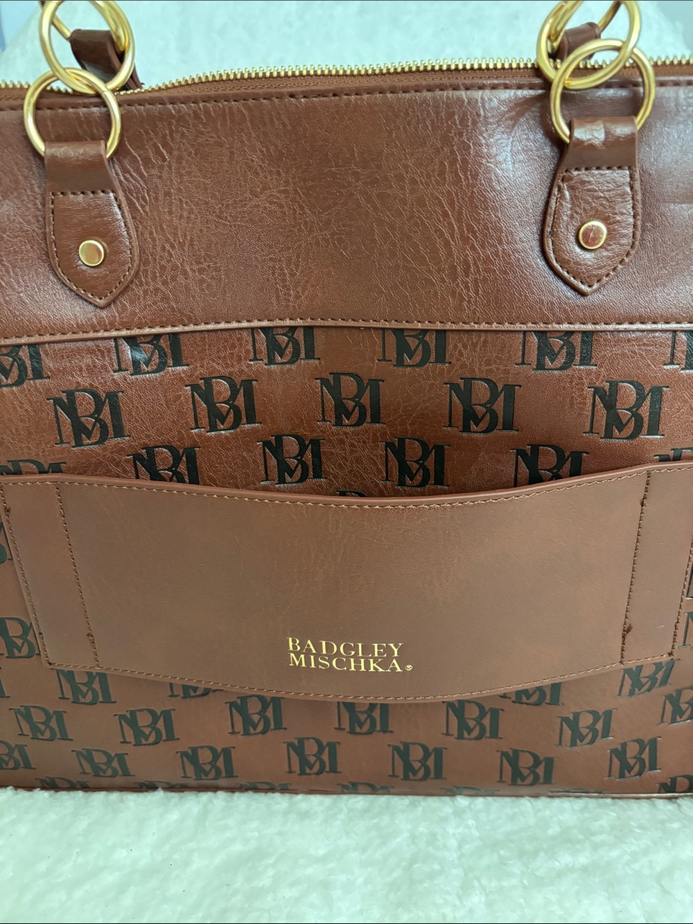 Badgley Mischka Chestnut Brown Logo Weekender/Travel Tote Bag with Gold Hardware - Picture 9 of 12